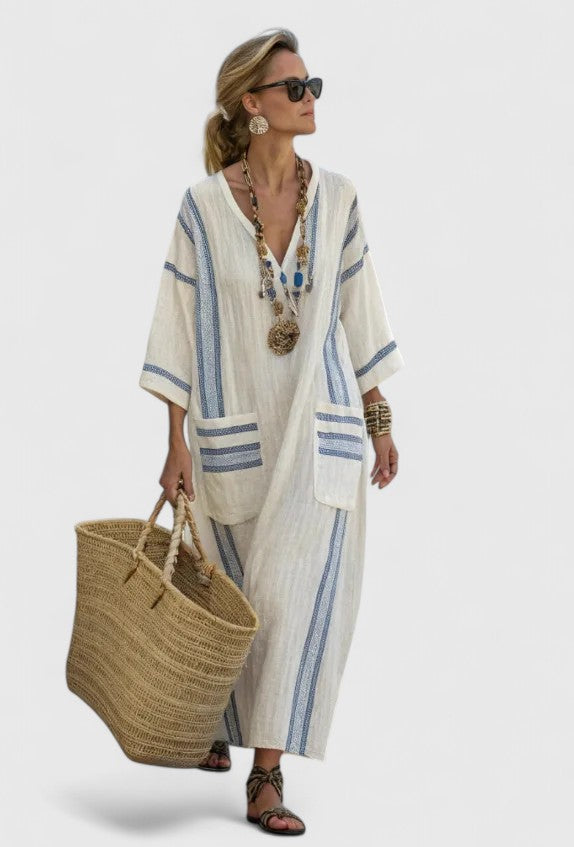 Women's Maxi Dress | Cotton Kaftan with Stripe Detail | V-Neck