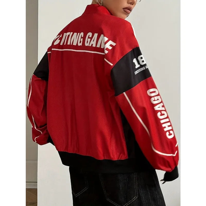 Women's Bomber Jacket | Y2K Racing Style, Retro Motorsport | Varsity Knit
