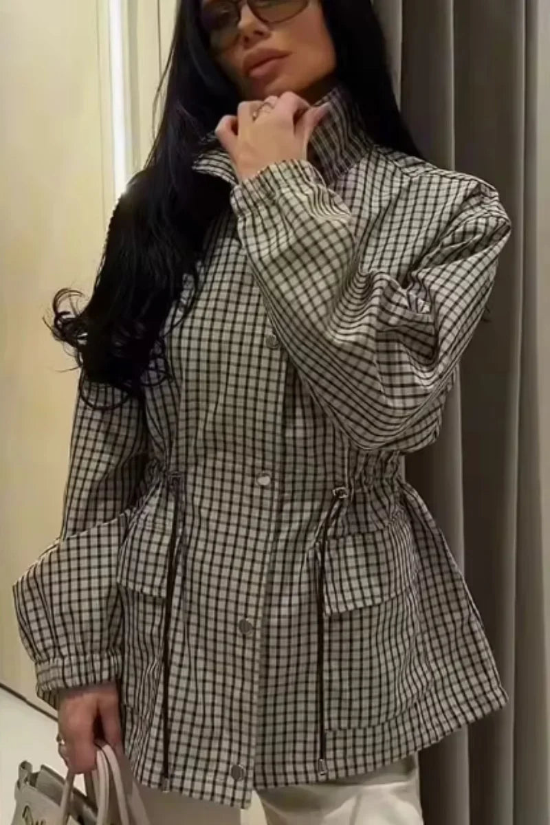 Women plaid jacket with drawstring waist and collar, button front closure