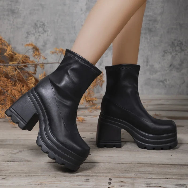 Women's Ankle Boots | Black Leather, Square Toe, High Heel