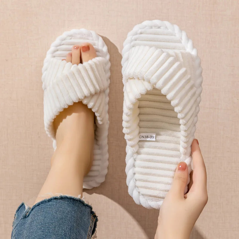 Women's Corduroy Slippers | Cross Band, Warm Plush | Open Toe Slides