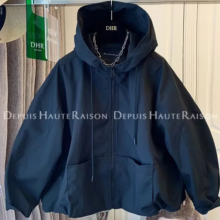 Women hooded zip up jacket relaxed fit with two front pockets