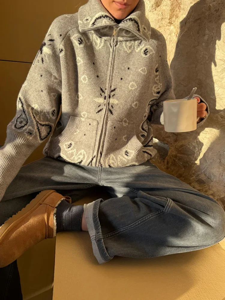 Women knit jacquard cardigan zip up stand collar loose fit full sleeve