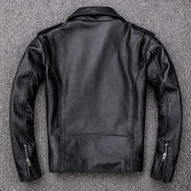 Mens leather jacket genuine cowhide motorcycle biker style with zipper front