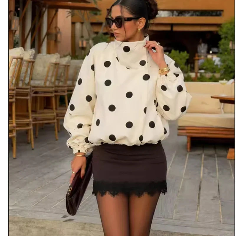 Women polka dot jacket high neck with front zip black white print