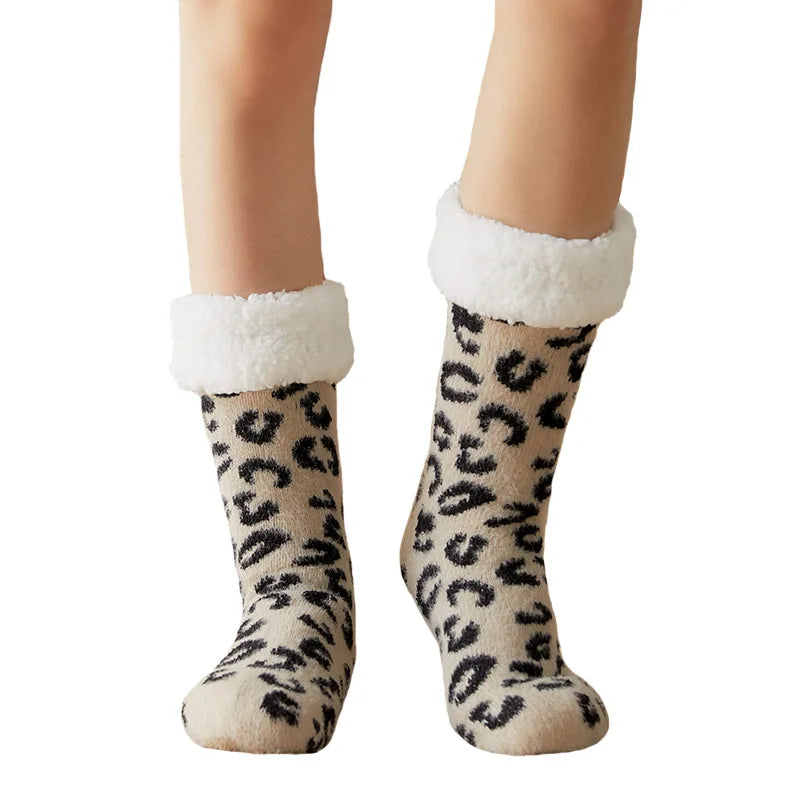 Teddy slipper socks women leopard print fluffy thermal winter