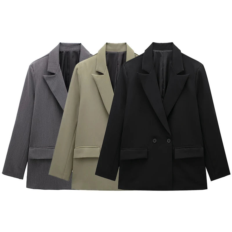 Women double breasted blazer long sleeve notch lapel with pockets