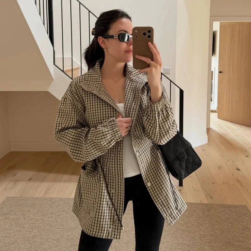 Women plaid jacket with drawstring waist and collar, button front closure