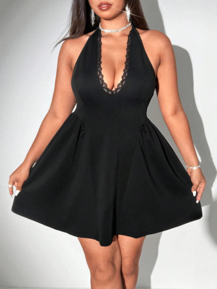 Plus Size Summer Dress | Black Lace V-Neck Sleeveless Puffed Skirt