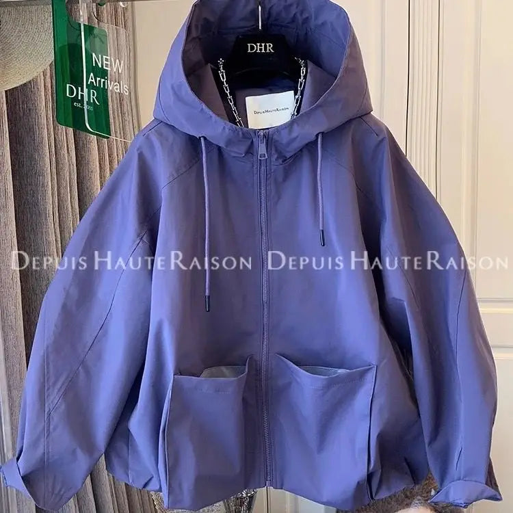 Women hooded zip up jacket relaxed fit with two front pockets