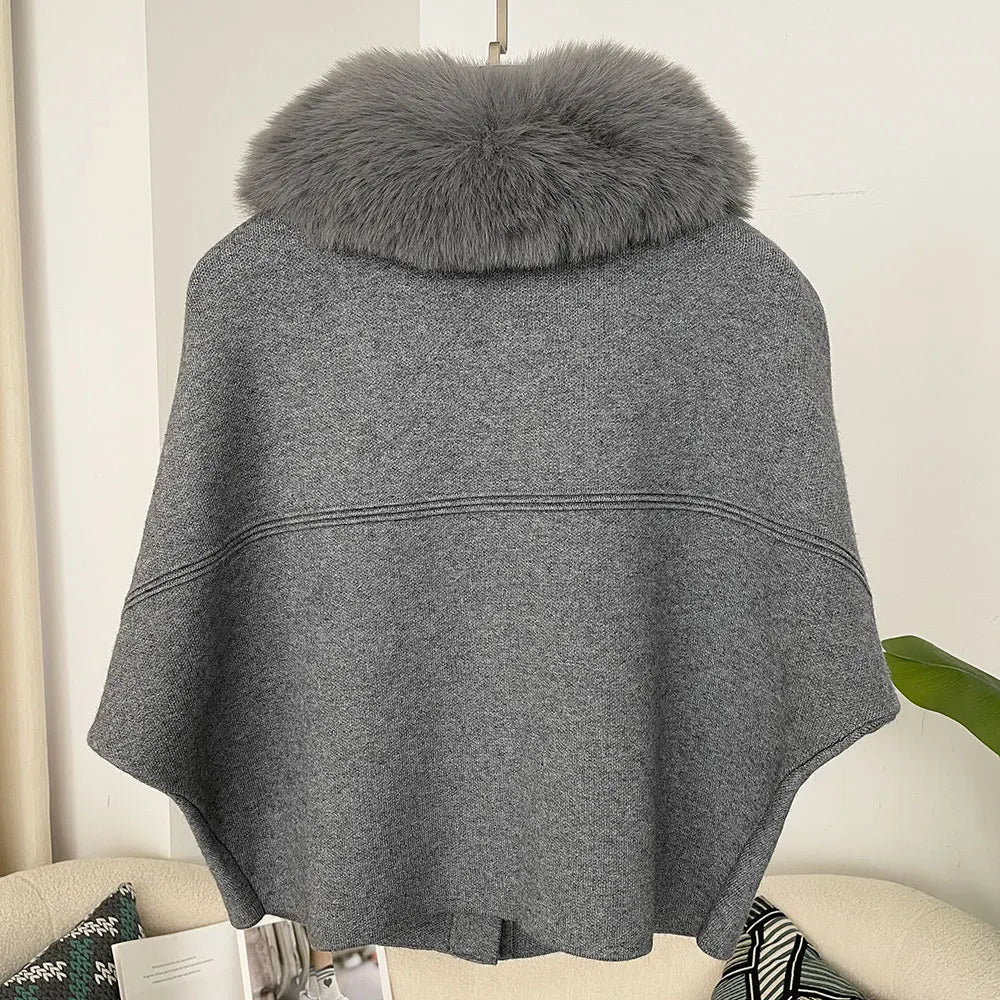 Women knit cardigan with faux fur collar and three quarter sleeves