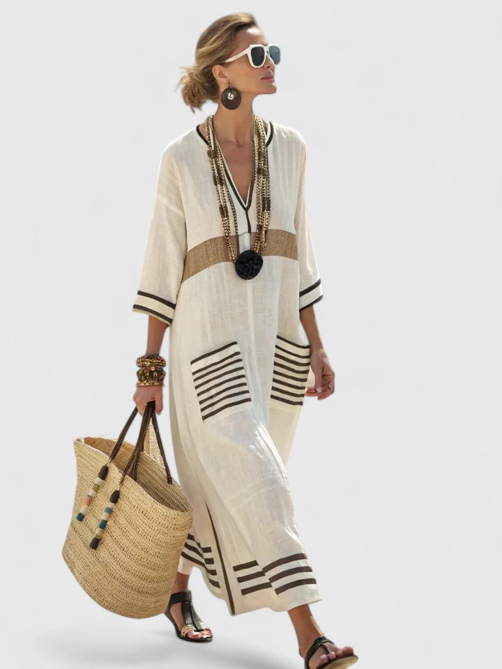 Women's Maxi Dress | Cotton Kaftan with Stripe Detail | V-Neck