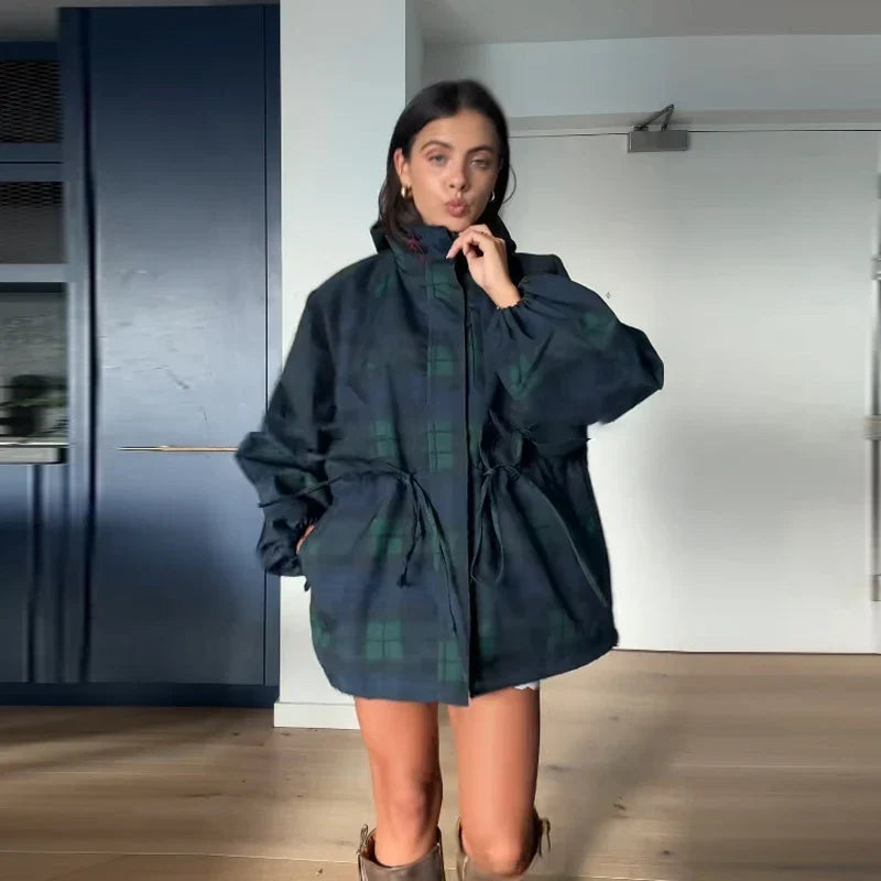 Women hooded plaid jacket drawstring waist blue green check pattern