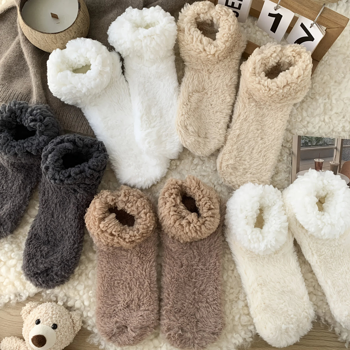 Teddy slipper socks for women thick plush lamb velvet, warm winter