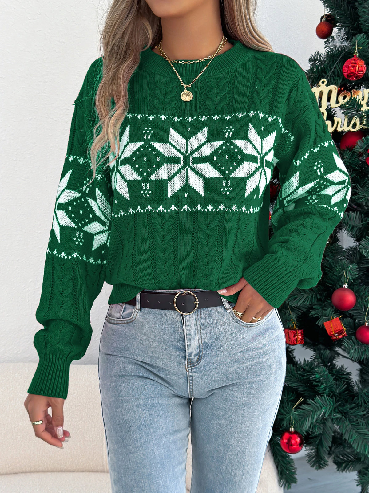 Christmas Jumper | Womens Snowflake Sweater, Round Neck Festive Knit Pullover