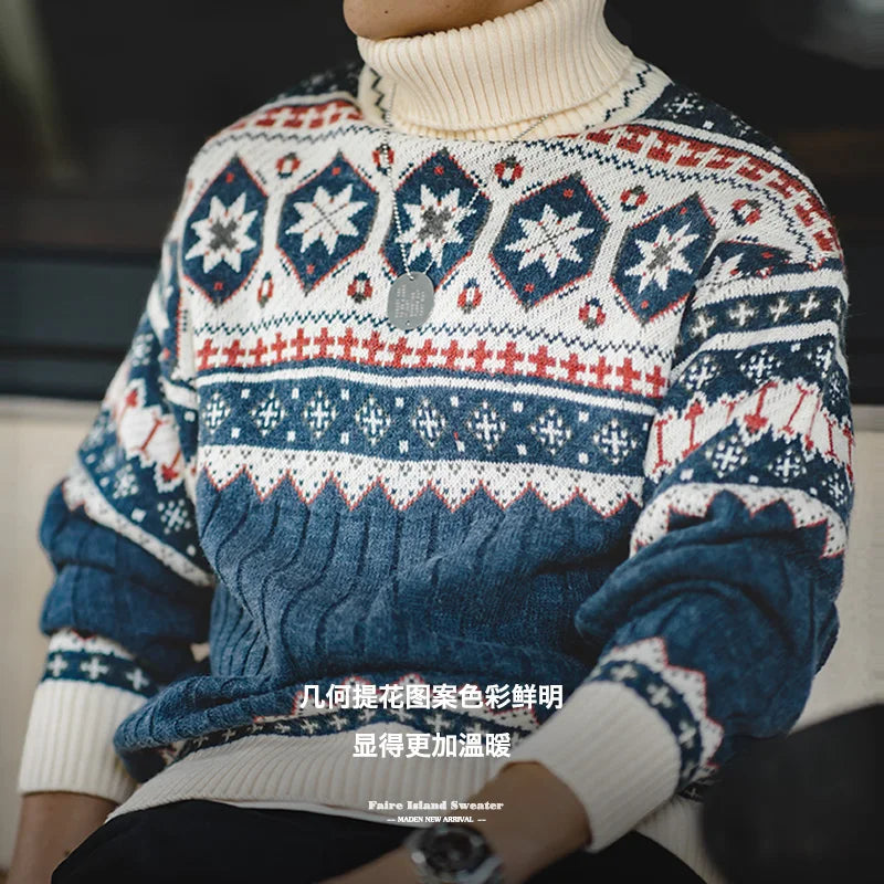 Christmas Jumper | Mens Fair Isle Knit Sweater, Turtleneck Pullover