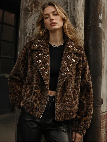 Womens leopard print jacket with pearl lapel, casual short winter style
