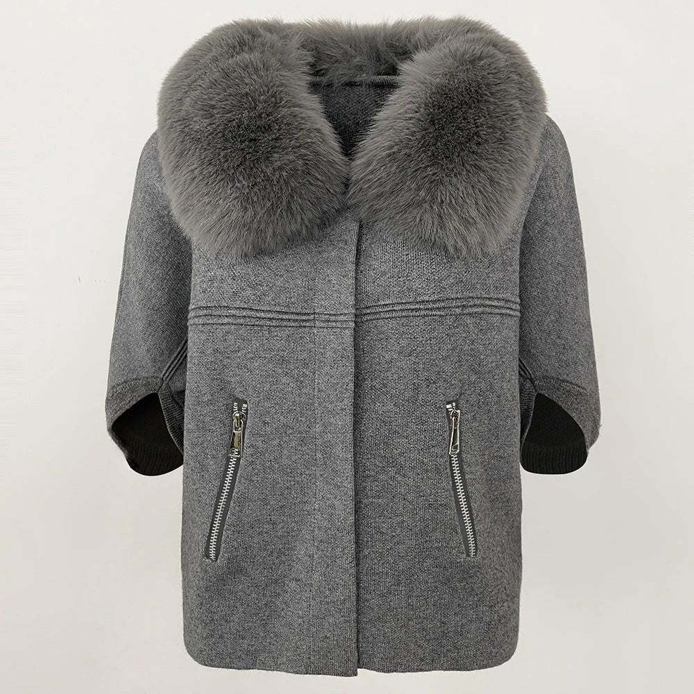 Women knit cardigan with faux fur collar and three quarter sleeves