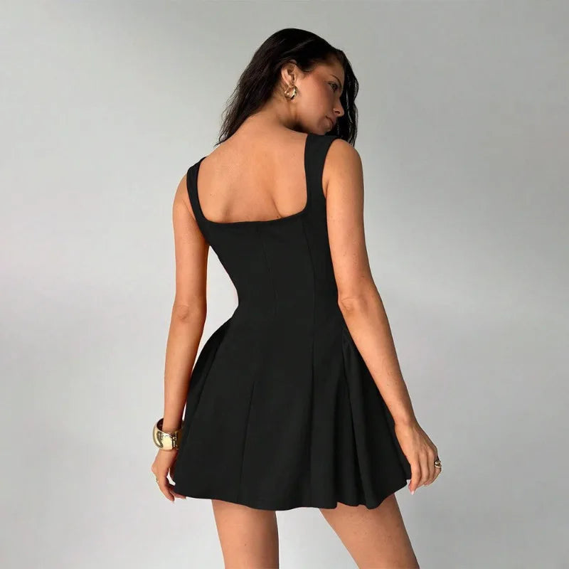 Women's Sleeveless Dress | Black Square Neck Slim Fit Spring Summer
