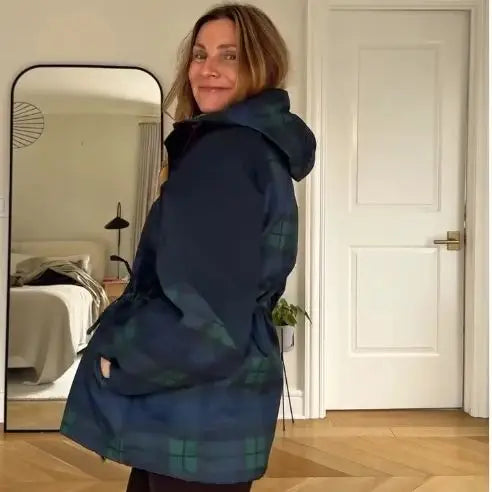 Women hooded plaid jacket drawstring waist blue green check pattern