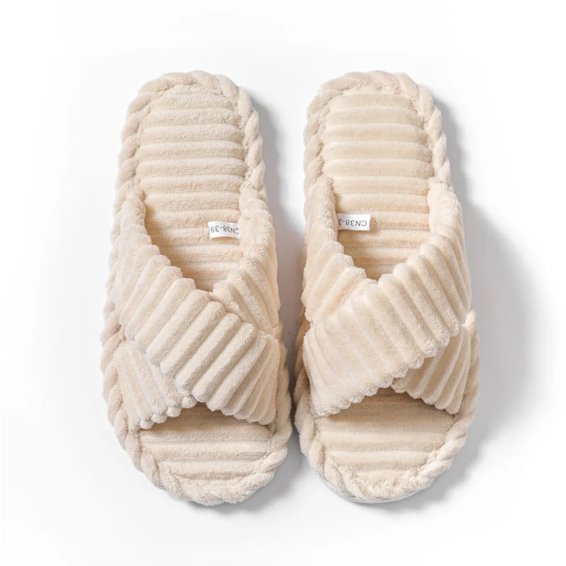 Women's Corduroy Slippers | Cross Band, Warm Plush | Open Toe Slides
