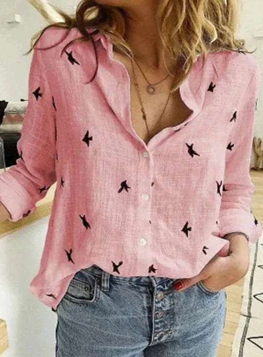 Women's Linen Blouse | Button-Down Bird Print, Long Sleeve