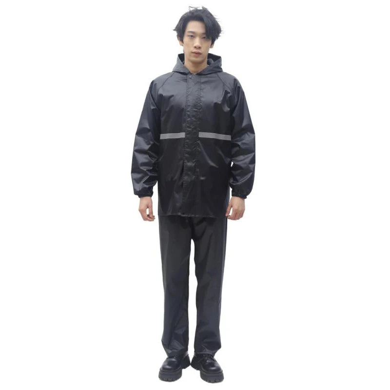 Unisex waterproof rain suit hooded jacket and pants with reflective strips