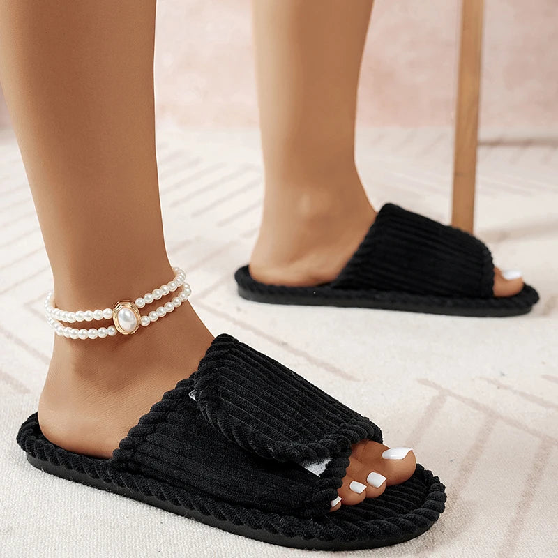 Women's Slippers | Flat Heel, Open Toe, Corduroy | Comfortable Indoor