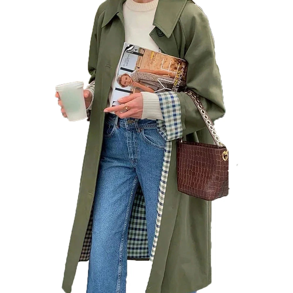 Women waterproof jacket plaid lined long trench coat single breasted