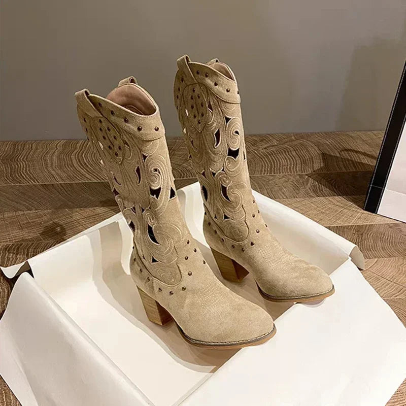Womens knee high cowboy boots with chunky heel and embroidered detail