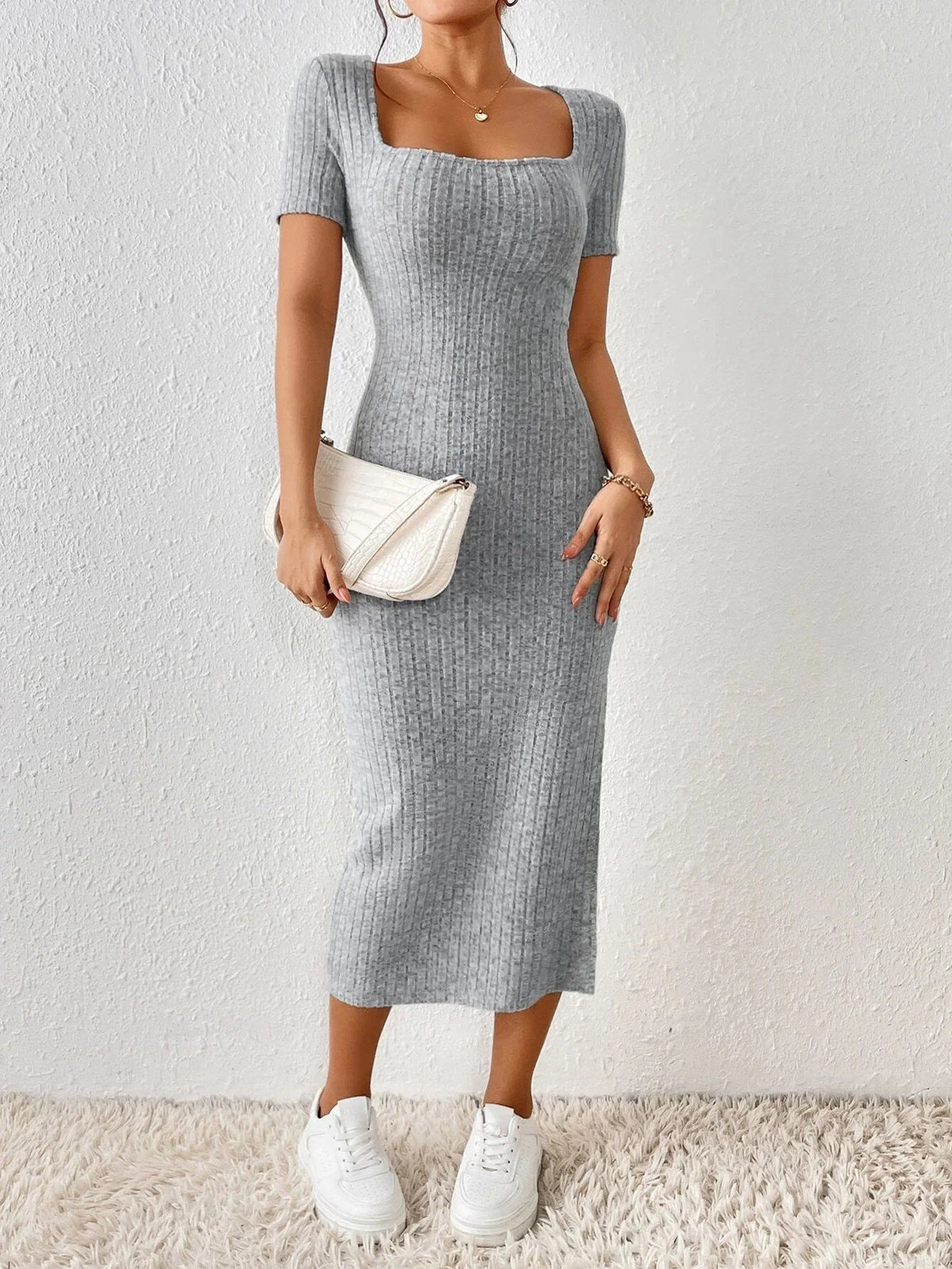 Knit Midi Dress | Women's Slim Fit, Square Neck | Short Sleeve, Fitted