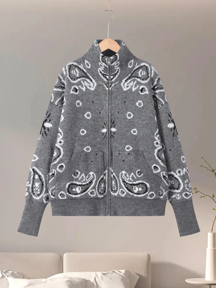 Women knit jacquard cardigan zip up stand collar loose fit full sleeve