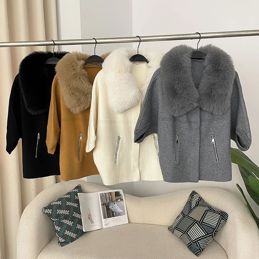 Women knit cardigan with faux fur collar and three quarter sleeves