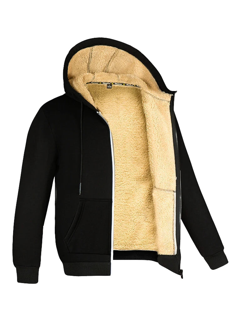 Thermal fleece jacket men women hooded with zipper, black winter coat