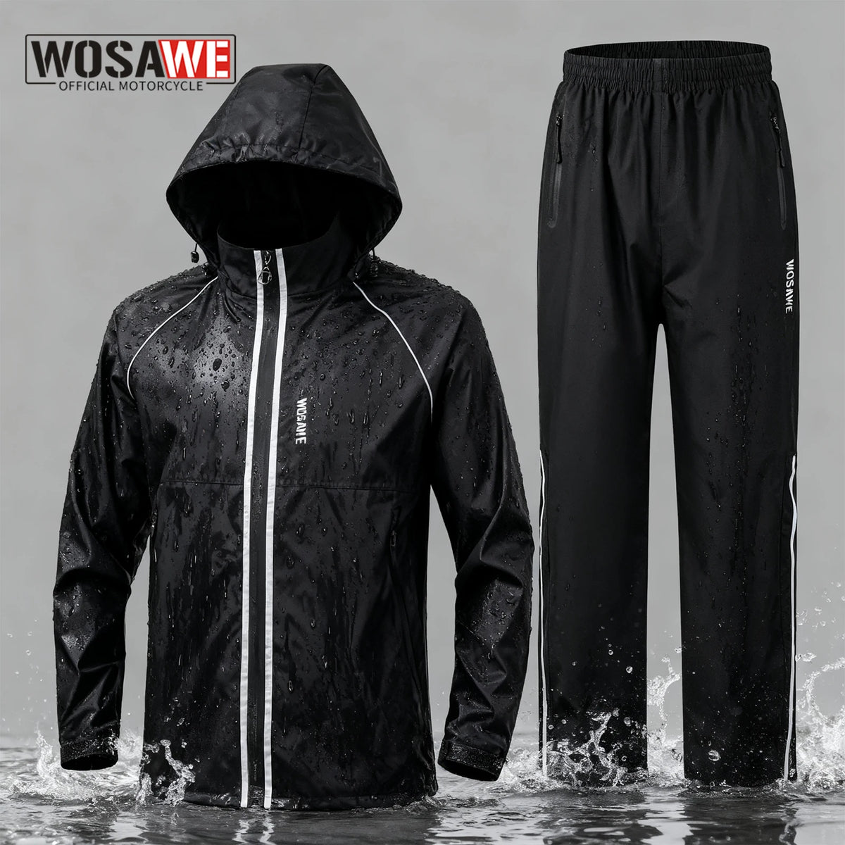 Unisex waterproof rain jacket and pants set with 360 degree reflective stripes