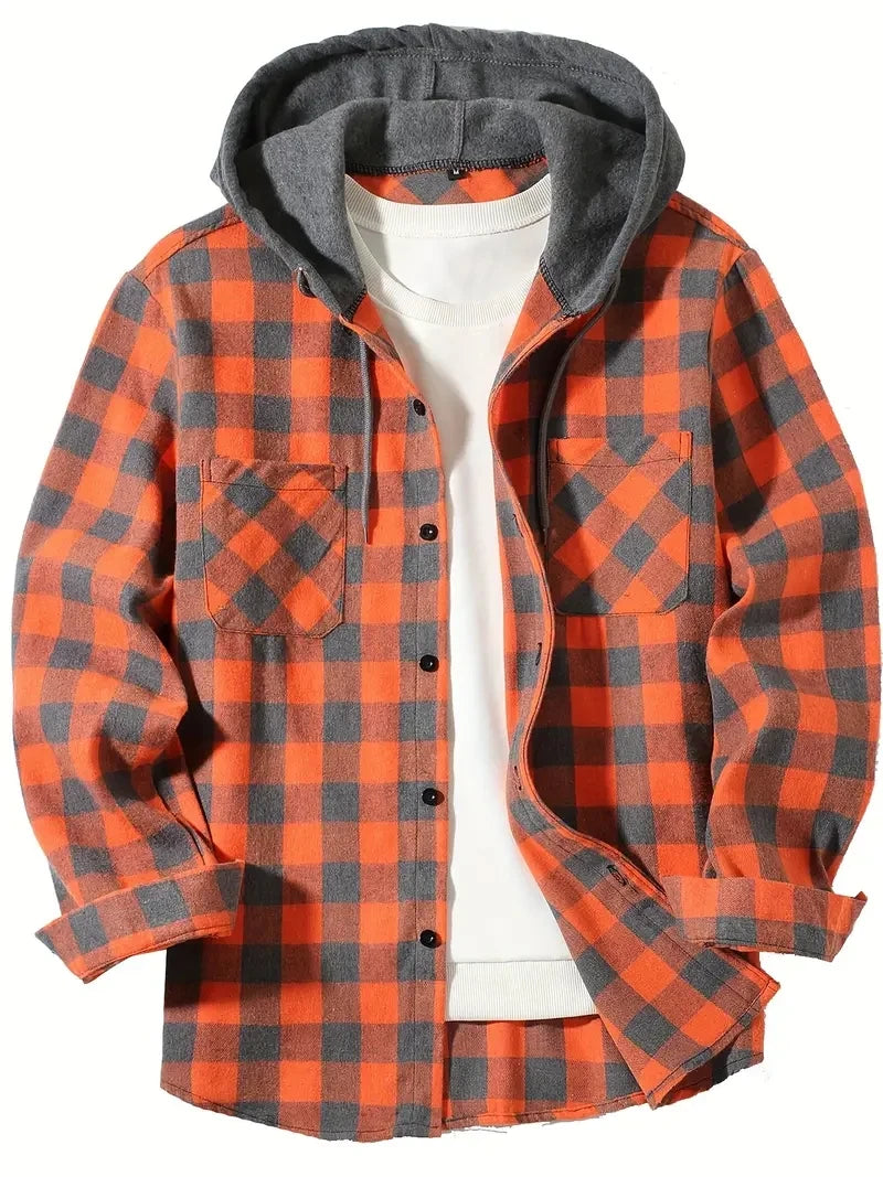 Mens plaid hooded jacket slim fit long sleeve, casual style
