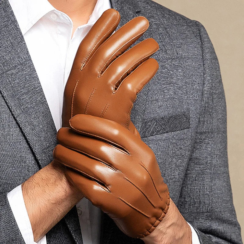 Men sheepskin leather winter gloves fleece lined driving style