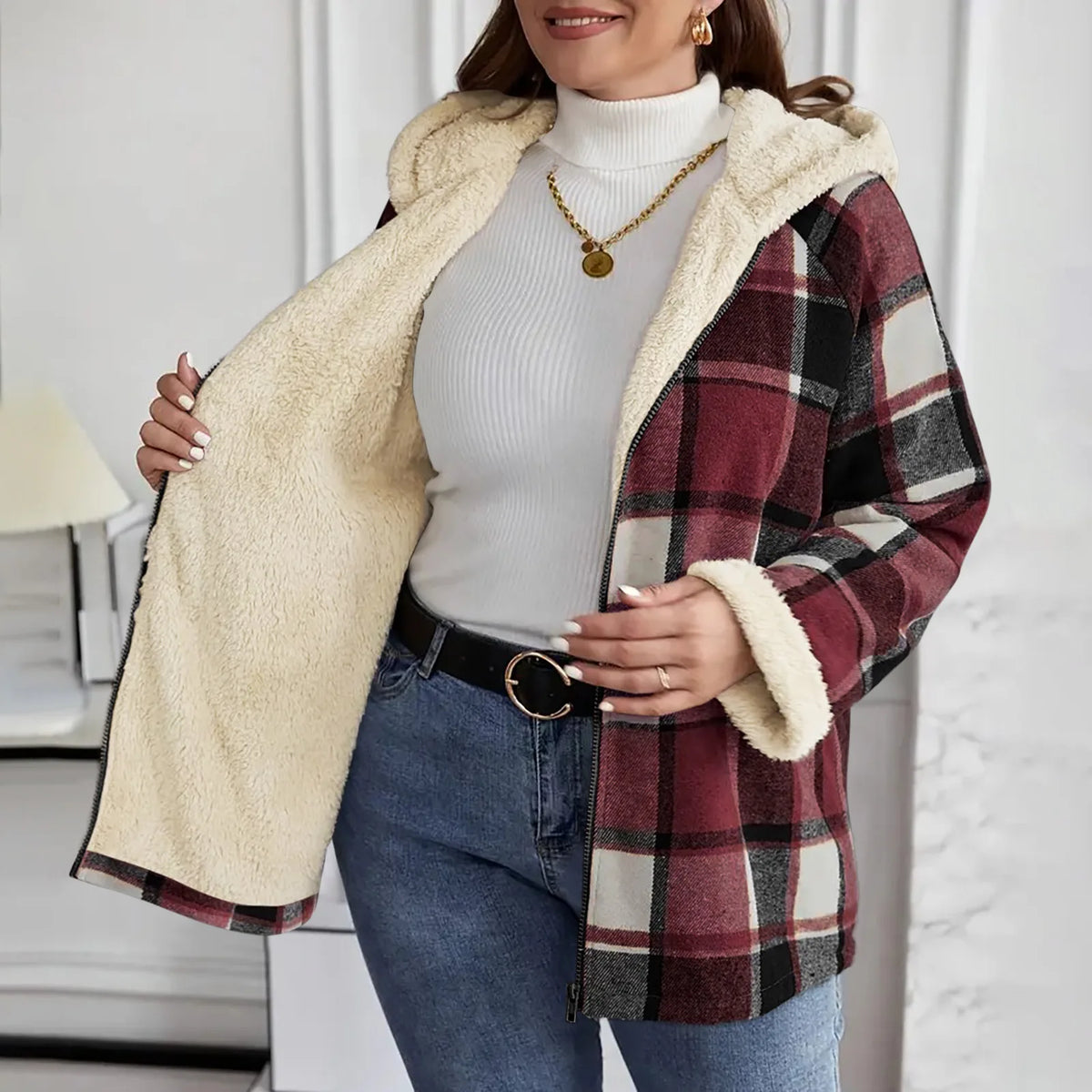Plaid hooded jacket womens long sleeve casual autumn winter