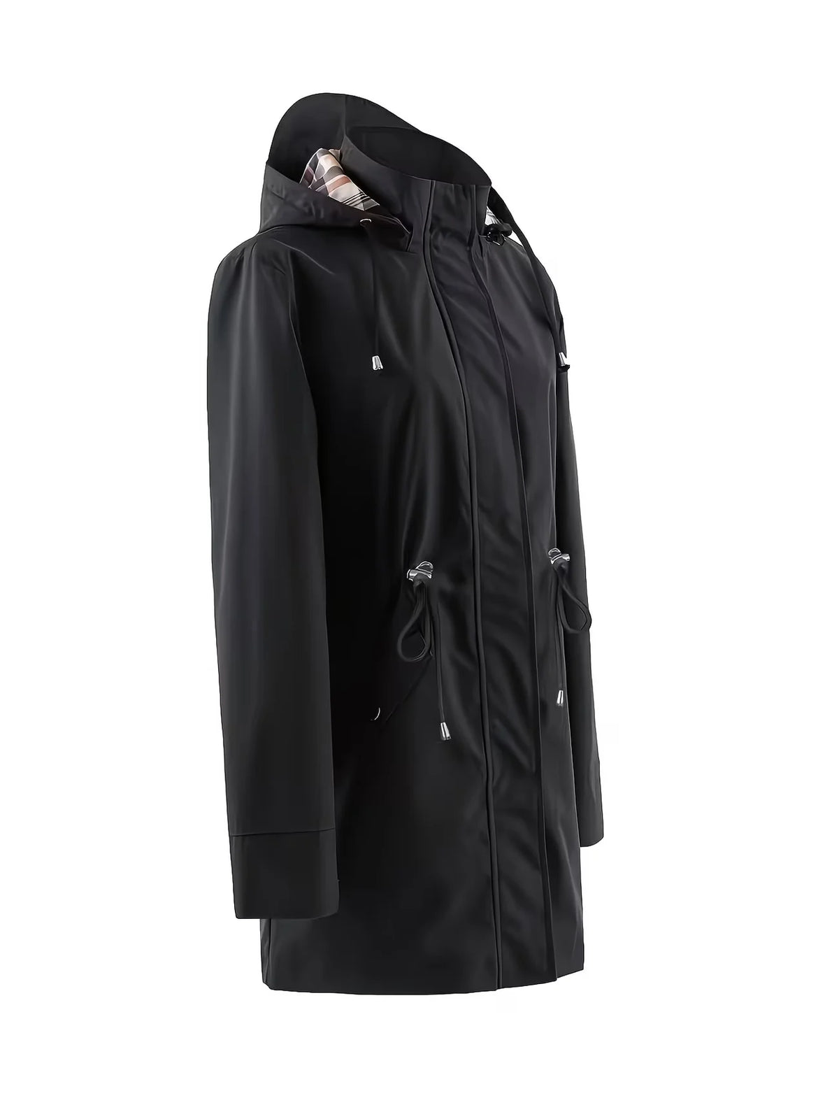 Women waterproof hooded trench jacket mid length zip front with plaid lining