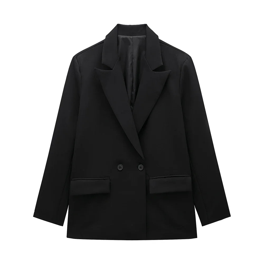 Women double breasted blazer long sleeve notch lapel with pockets