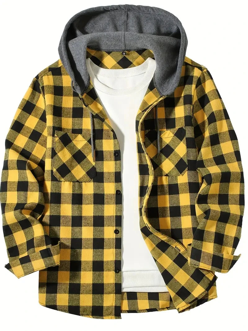 Mens plaid hooded jacket slim fit long sleeve, casual style