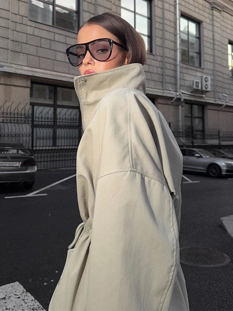 Women short parka stand collar drawstring waist relaxed fit