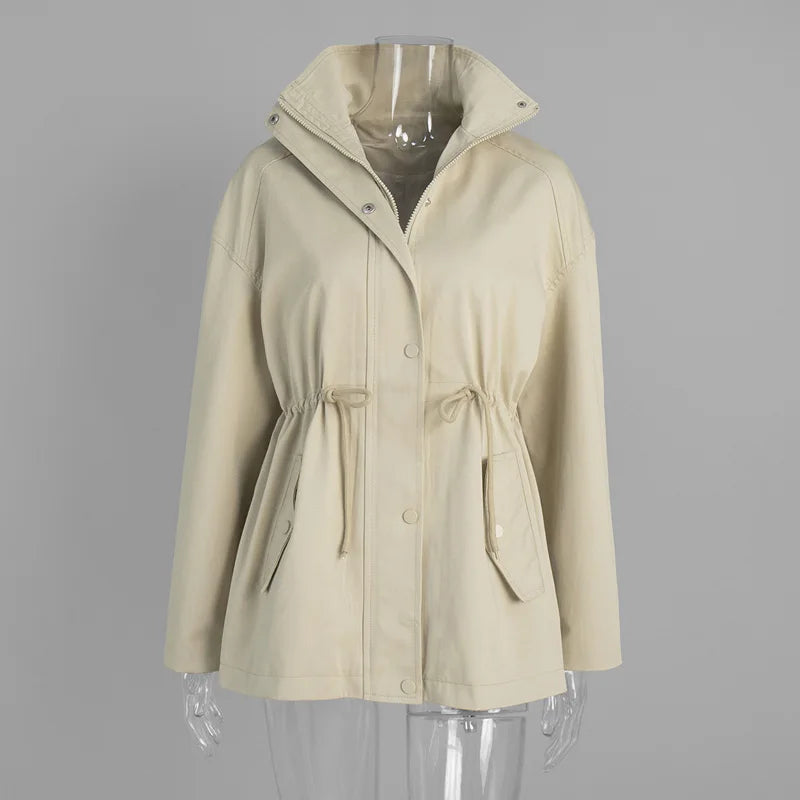 Women short parka stand collar drawstring waist relaxed fit