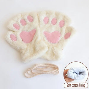 Women's fingerless gloves | Cat paw pattern, fleece | Anti-loss cord