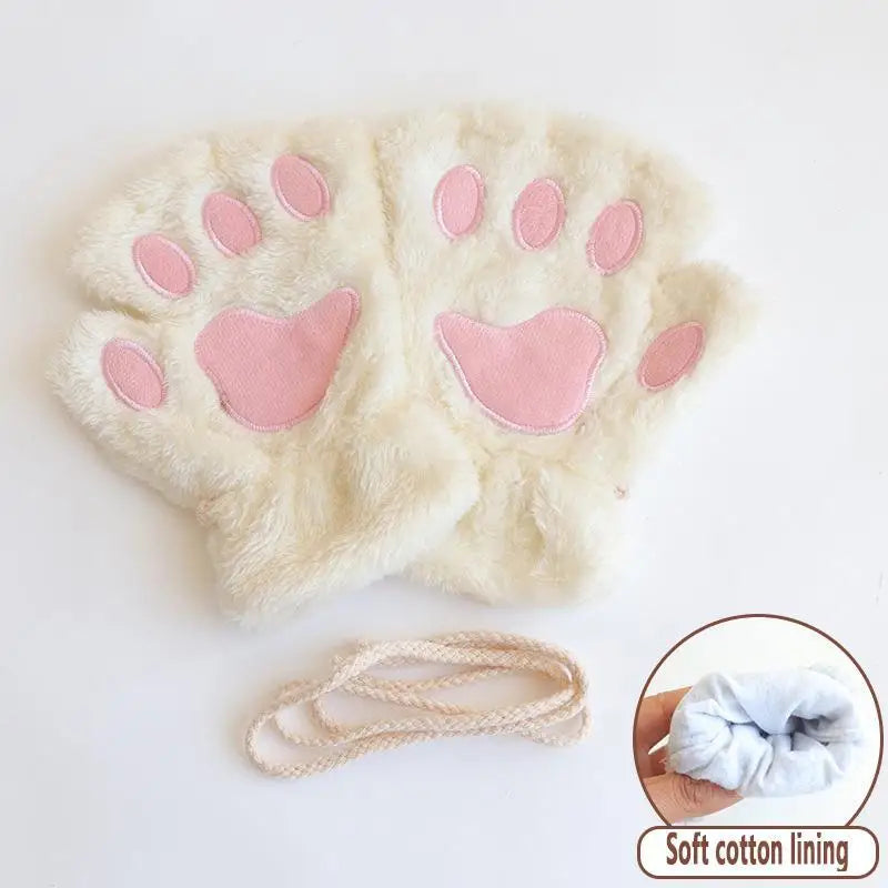 Women girls plush fingerless winter gloves cat paw design with anti-loss cord