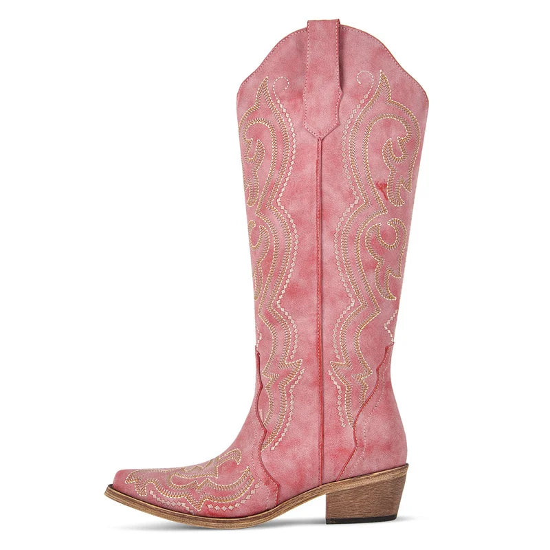 Women's Cowboy Boots | Knee High, Western Embroidery, Thick Heel