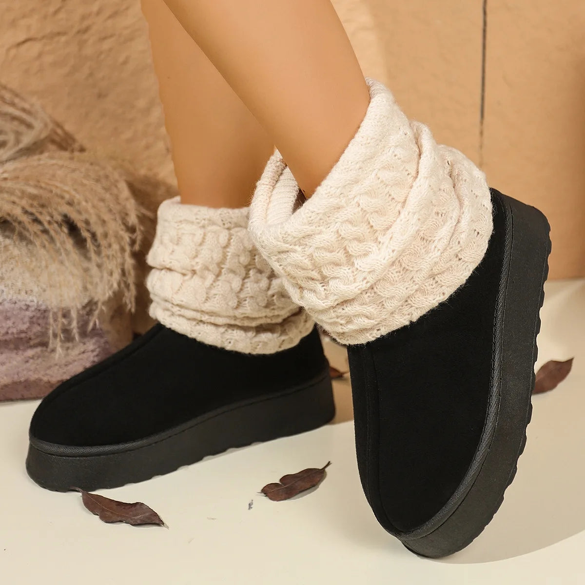 Women slipper boots plush lined knit sock snow boots thick sole