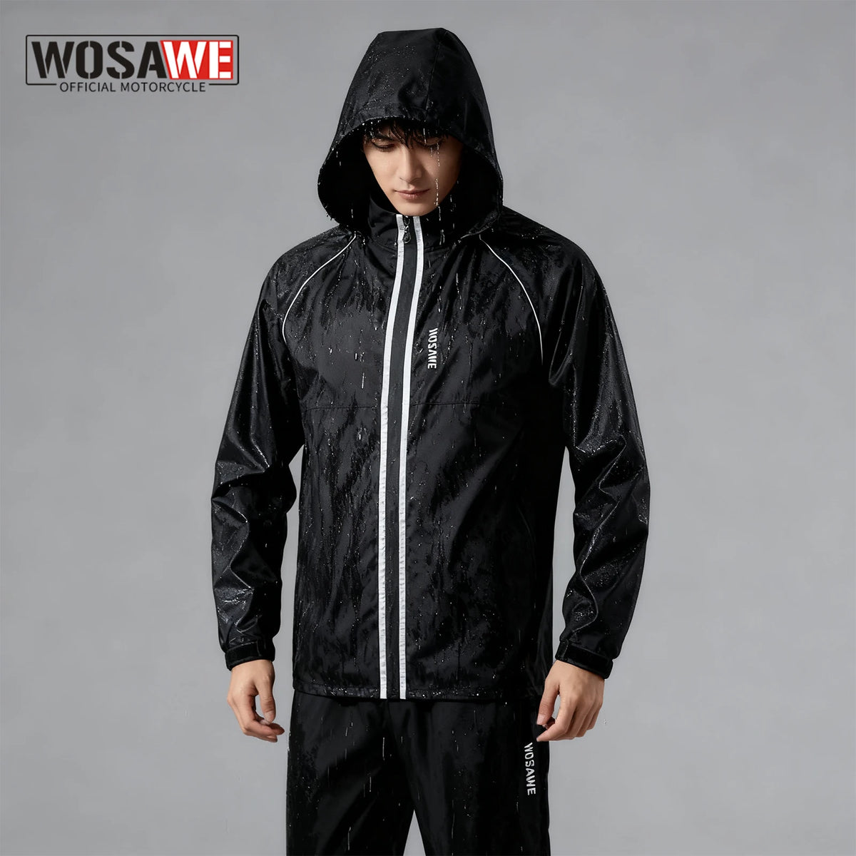 Unisex waterproof rain jacket and pants set with 360 degree reflective stripes