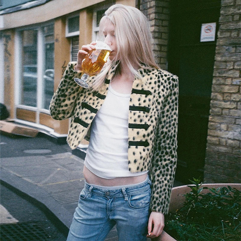 Womens leopard print coat with long sleeves and single breasted winter style