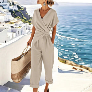 Women's Two-Piece Set | Wrap Top & Tapered Pants | Casual
